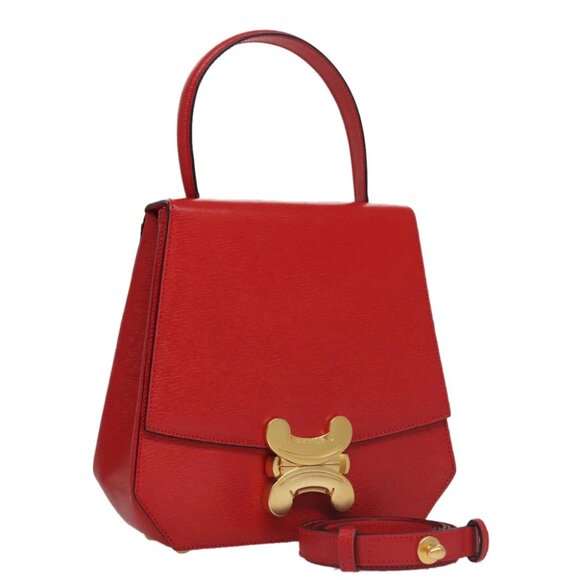 CELINE Hand Bag Leather 2way Red Gold Auth 107984AV - Picture 1 of 16